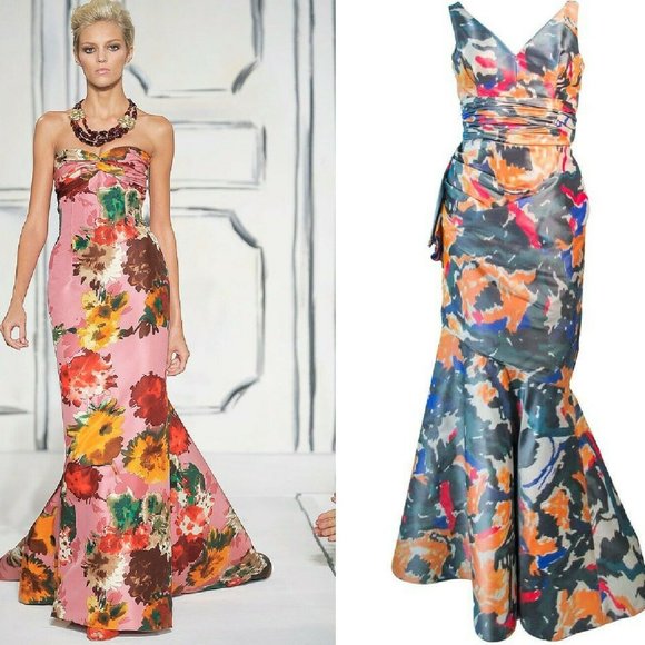 $7,500 OSCAR DELA RENTA SILK FLORAL MULTI COLOR RUNWAY GOWN US 4 M